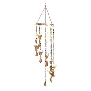 26 in. Gold Metal Bird Indoor Outdoor Windchime with Glass Beads and Cone Bells