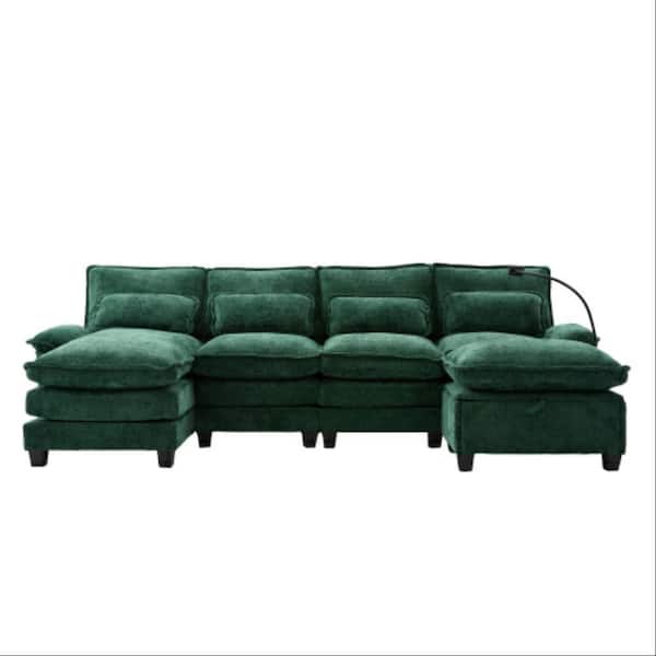 106 in. 5-pieces Chenille U-Shaped Modular Sectional Sofa with Chaise Lounge and Storage Ottoman in. Emerald