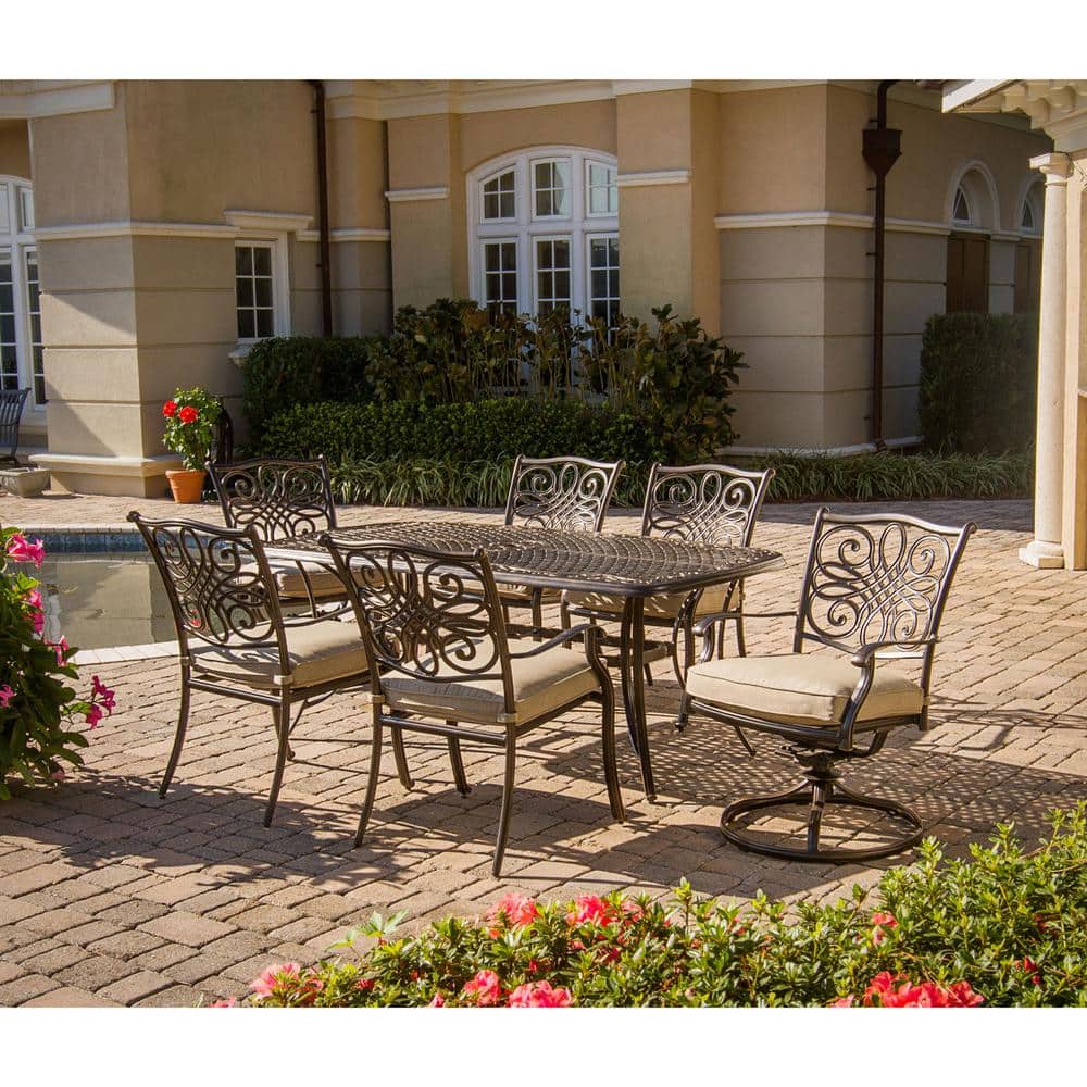 Bronze Cast Aluminum 6-Person Outdoor Dining Set with Natural Oat Cushions