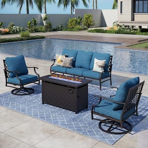 Black Metal Meshed 5 Seat 4-Piece Steel Outdoor Fire Pit Patio Set with Peacock Blue Cushions Rectangular Fire Pit Table