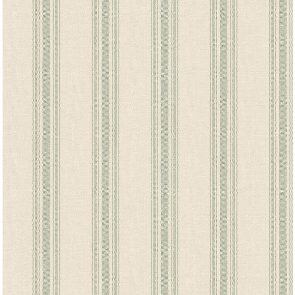 30.75 sq. ft. Green Woven Ticking Stripe Vinyl Peel and Stick Wallpaper Roll