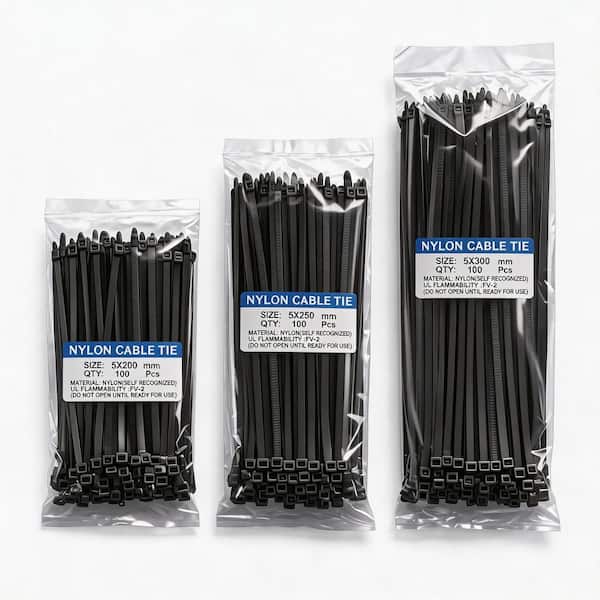 8 in., 10 in., 12 in. Black Nylon Cable Ties, UV Resistant, All-Weather, High-Tensile Strength (300-Pack)