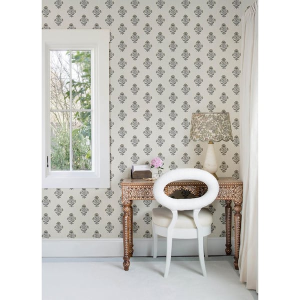 Hollyhock Black Floral Crest Wallpaper Sample