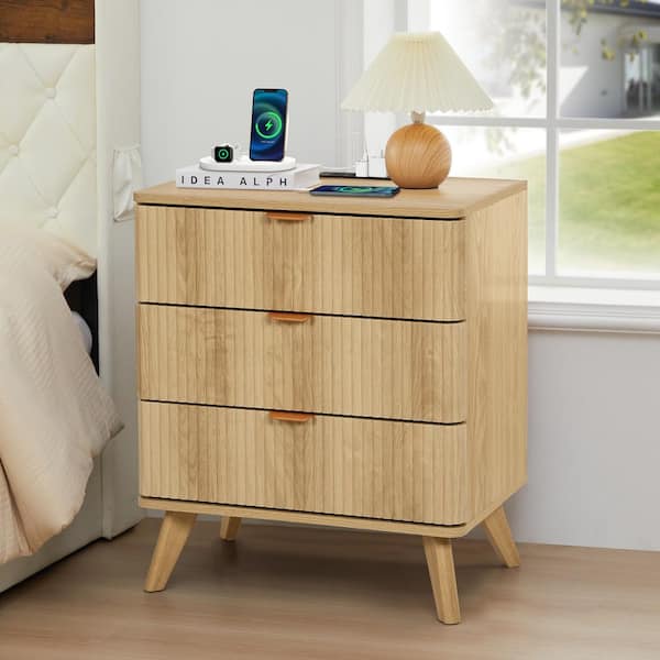 23. 62in. W Natural 3-Drawer Nightstand with Charging Station