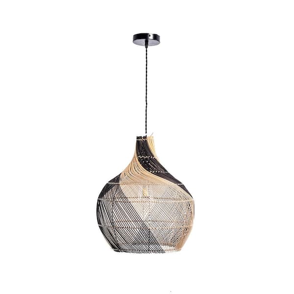 Elle 1-Light Modern Coastal Pendant Light Two-tone Natural Handmade Rattan Shade in Matte Black Finish Kitchen Light