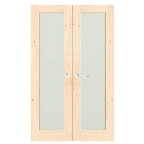 TENONER 48 in. x 80 in. Solid Wood, Full Lite, Frosted Glass, Primed, Light Brown Interior Door Slab with Silver Curved Doorknob