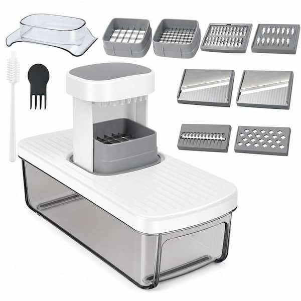 White Plastic 8-in-1 Vertical Mandoline Vegetable Chopper Slicer Dicer with Hand Guard and Storage Container for Kitchen