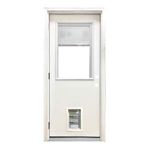 32 in. x 80 in. Reliant Series Clear Mini-Blind RHOS White Primed Fiberglass Prehung Front Door with Med Pet Door