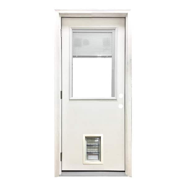 Steves & Sons 32 in. x 80 in. Reliant Series Clear Mini-Blind RHOS White Primed Fiberglass Prehung Front Door with Med Pet Door