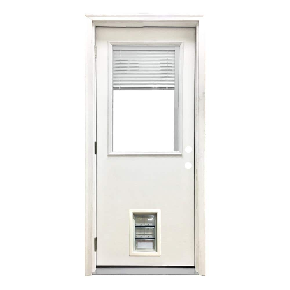 Steves & Sons 36 in. x 80 in. Reliant Series Clear Mini-Blind RHOS White Primed Fiberglass Prehung Front Door with Med Pet Door