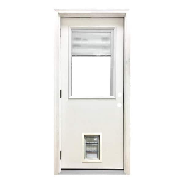 Steves & Sons 36 in. x 80 in. Reliant Series Clear Mini-Blind RHOS White Primed Fiberglass Prehung Front Door with Med Pet Door