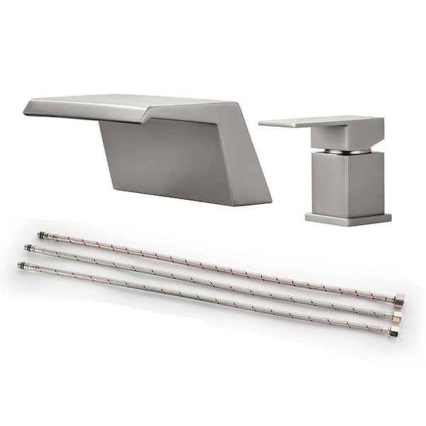 AIMADI Single-Handle Waterfall Deck-Mount Roman Tub Faucet with Modern 2-Hole Brass Tub Fillers in Brushed Nickel