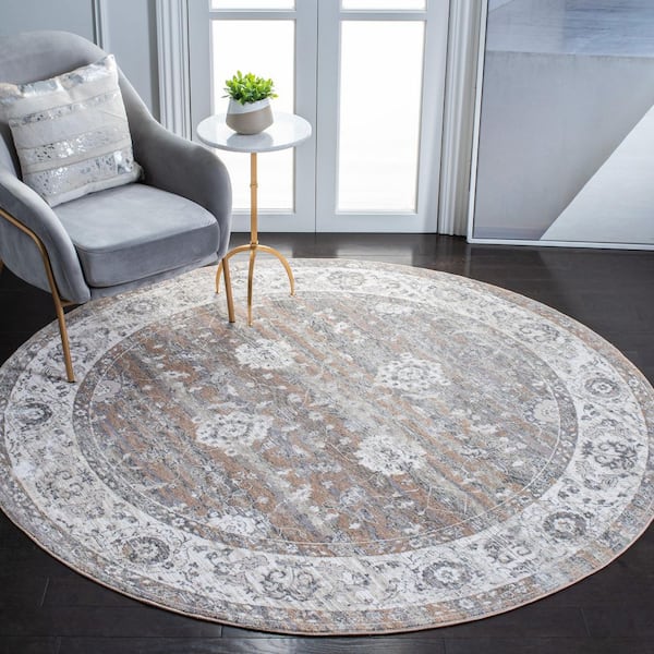 Webster 5 ft. x 5 ft. Gray/Beige Border Distressed Ornate Round Area Rug