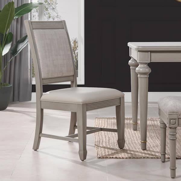 Jennifer Taylor Dauphin Upholstered Dining Side Chair, Set of 2, Cream White Top Grain Leather and Cashmere Gray Wood