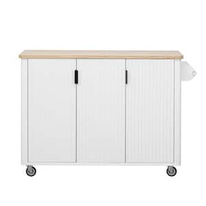 Oasis White Wood 51 in. Kitchen Island with Drop Leaf, Farmhouse Accent Kitchen Island on Wheels with Storage Rack