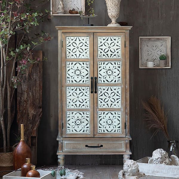 55 in. Black Rustic Wood Tower Storage Cabinet-Distressed Sideboard Pantry with 2 Doors and Drawer, Buffet Cabinet
