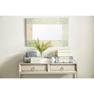 36 in. x 24 in. Handmade Mosaic Rectangle Framed Cream Wall Mirror with Blue Corners