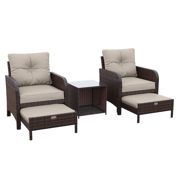 5-Piece Wicker Lounge Chair Outdoor Rattan Patio Conversation Set with Ottoman and Beige Soft Cushions