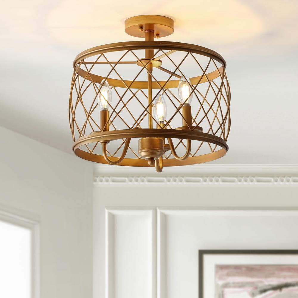 Antiqued Gold 15" Metal Drum LED Flush Mount Light