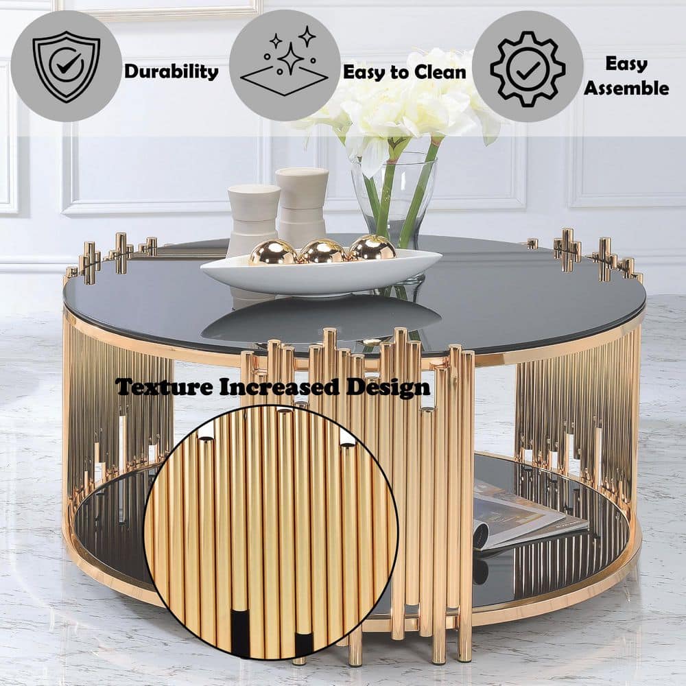 Tanquin Black Glass and Gold Round Coffee Table with Shelf