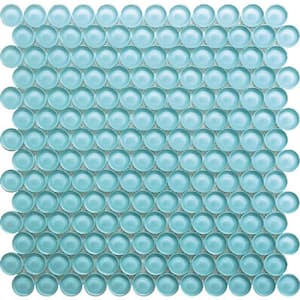 Aqua 12 in. x 12 in. Penny Round Polished Glass Mosaic Tile (5-Pack) (5 sq. ft./Case)