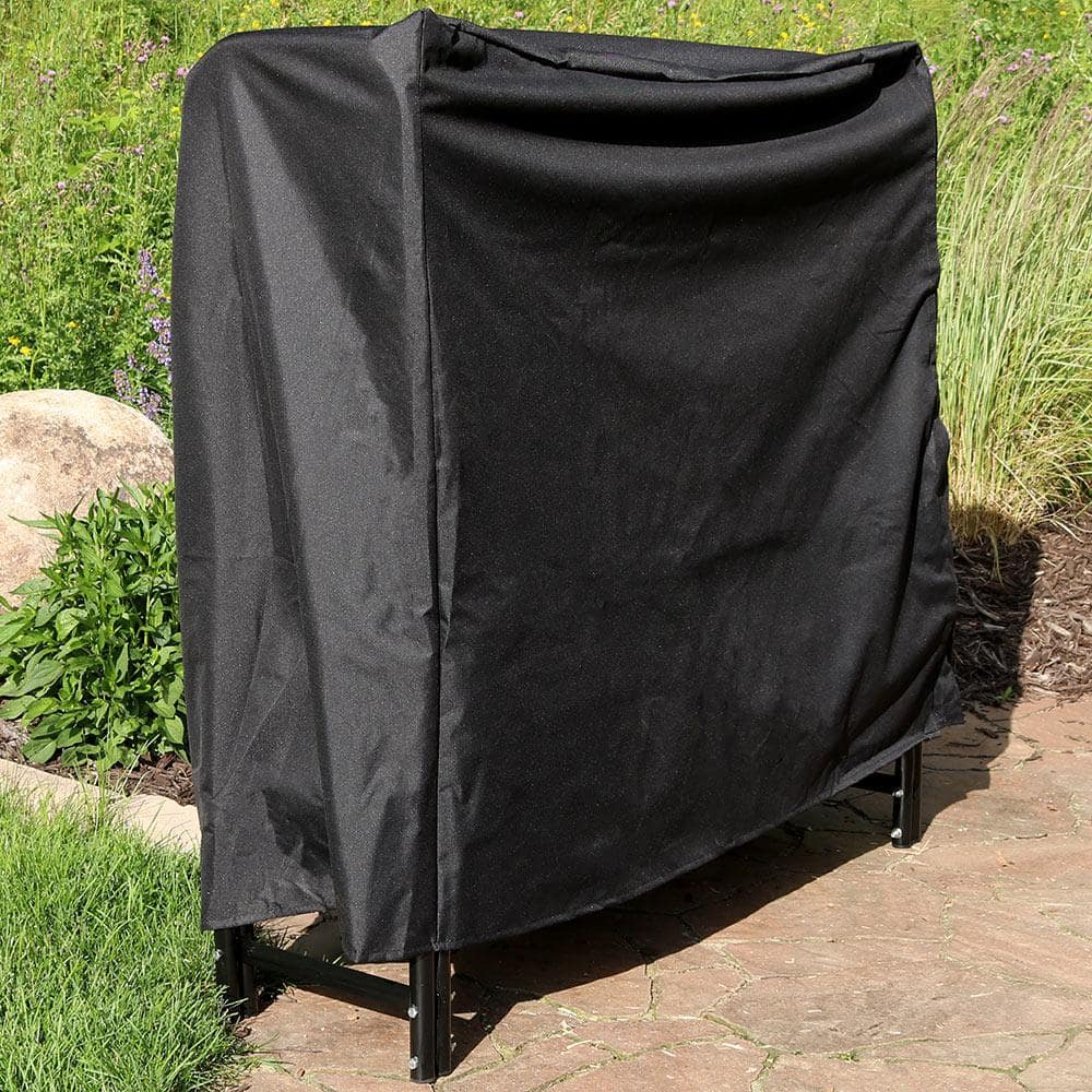 4-Foot Black Steel Firewood Log Rack with Weather-Resistant Cover