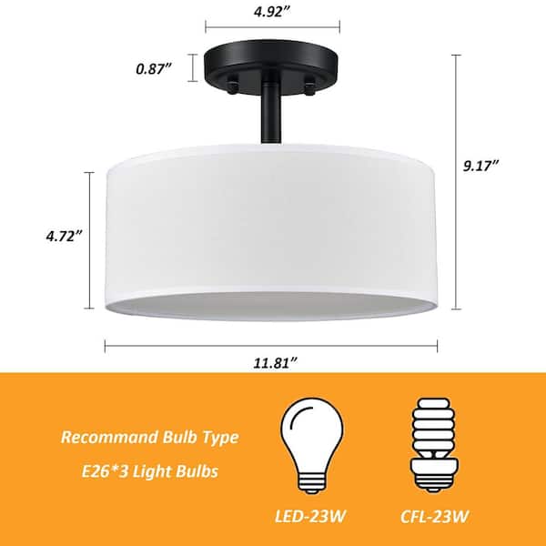 CLAXY 12.99 in. 3-Light Black Modern Semi-Flush Mount with