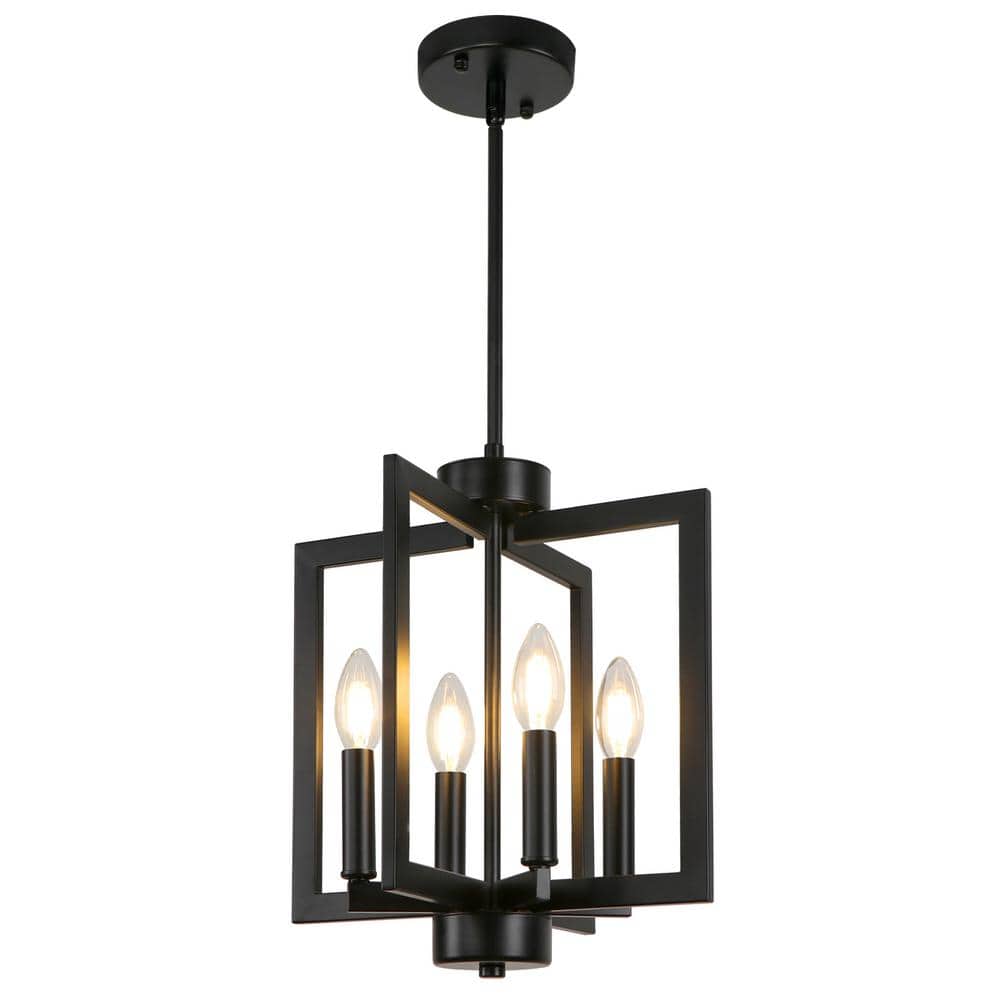 8.66 in. 4-Light Black Farmhouse Lantern Square / Rectangle Chandelier for 