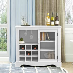 39 in. White Wood Buffet Bar Cabinet with Glass Door Wine Rack with Marbling Pattern Countertop