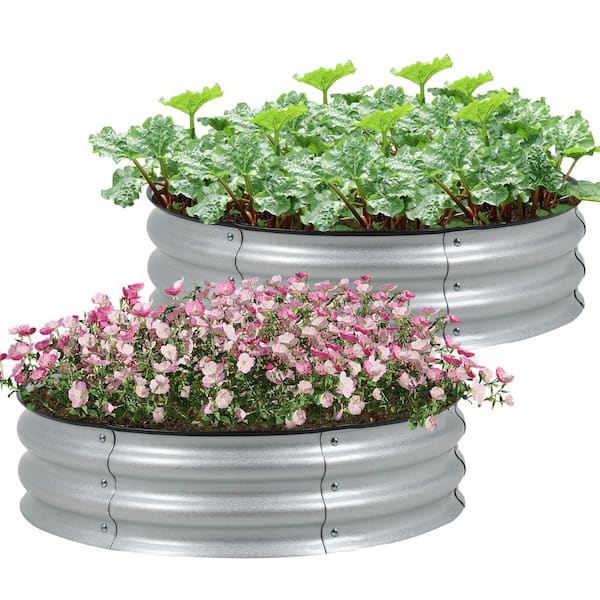Aoodor 30 in. W x 9 in. H Silver Round Galvanized Metal Raised Garden Bed Ground Modular Planter Boxes (2-Pack)