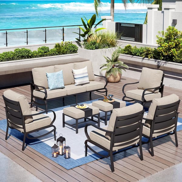 PHI VILLA Black Slatted 9-Seat 7-Piece Metal Outdoor Patio Conversation Set with Beige Cushions and 2 Ottomans