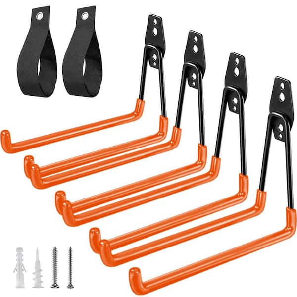 7.7 in. U Shaped Garage Long Hooks with 2 Extension Cord Holder Organizer for Garden Tool Bikes Hanging, Orange (4-Pack)