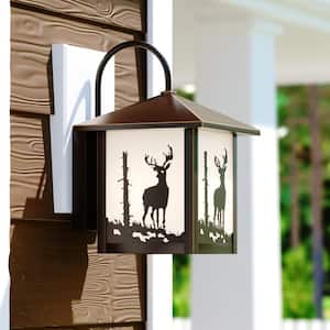 Bryce 1 Light Bronze Rustic Deer Tree Outdoor Wall Lantern White Glass