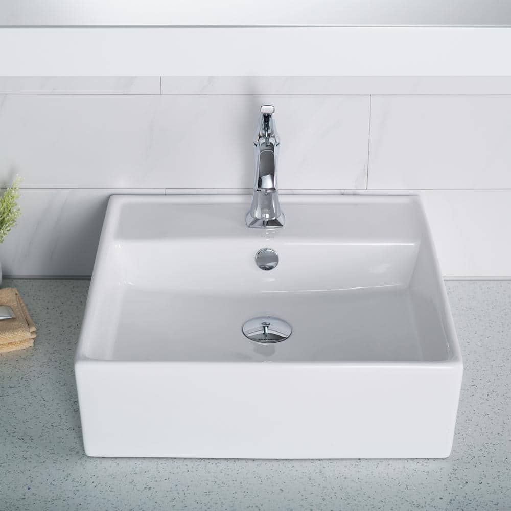 Modern Square White Ceramic Vessel Bathroom Sink, 18.5"