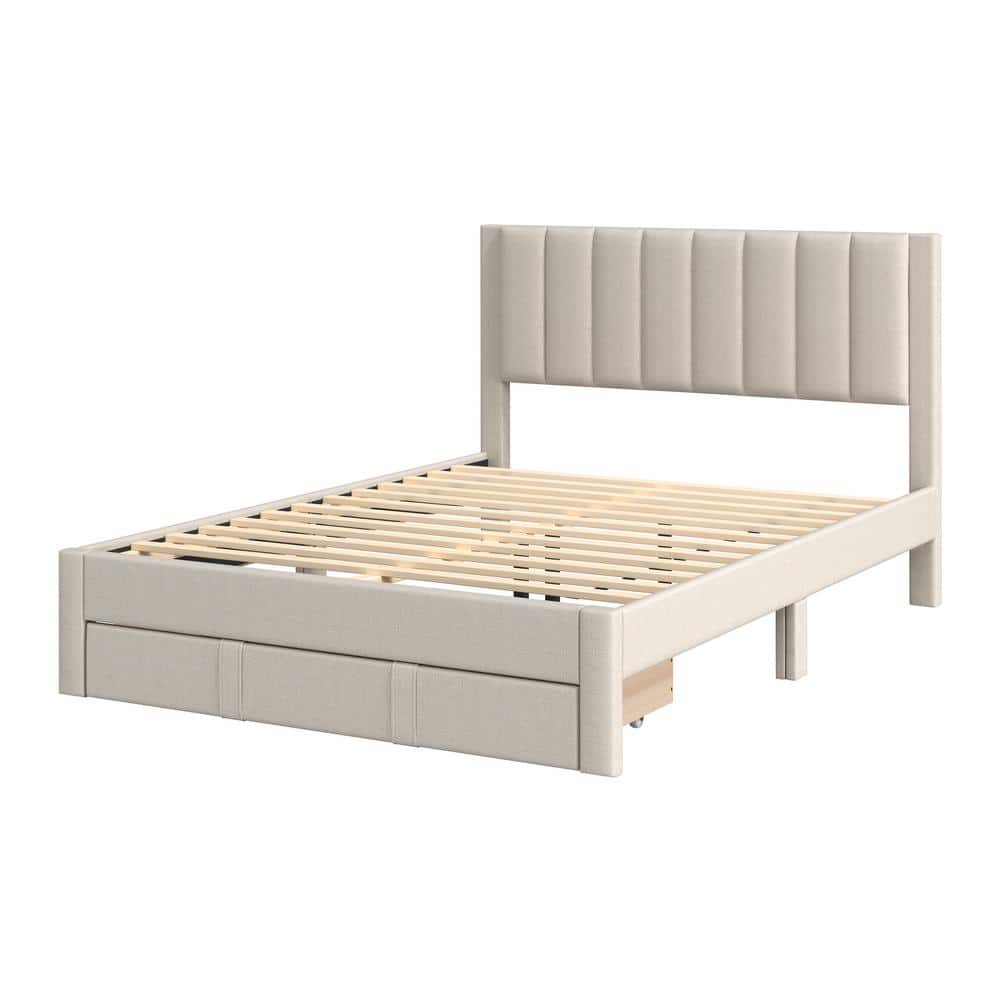 Beige Upholstered King Bed with Channel Tufted Headboard and Storage