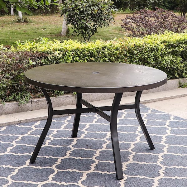 Phi Villa Black Round Metal Patio Outdoor Dining Table With 1 97 In Umbrella Hole And Wood Look Tabletop Thd Pv 096 B Phi Villa Black Round Metal Patio, Round Metal Table And Chairs