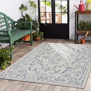 Silveria Patio Navy Blue/Gray 7 ft. 9 in. x 9 ft. 9 in. Distressed Border Medallion Indoor/Outdoor Rectangle Area Rug