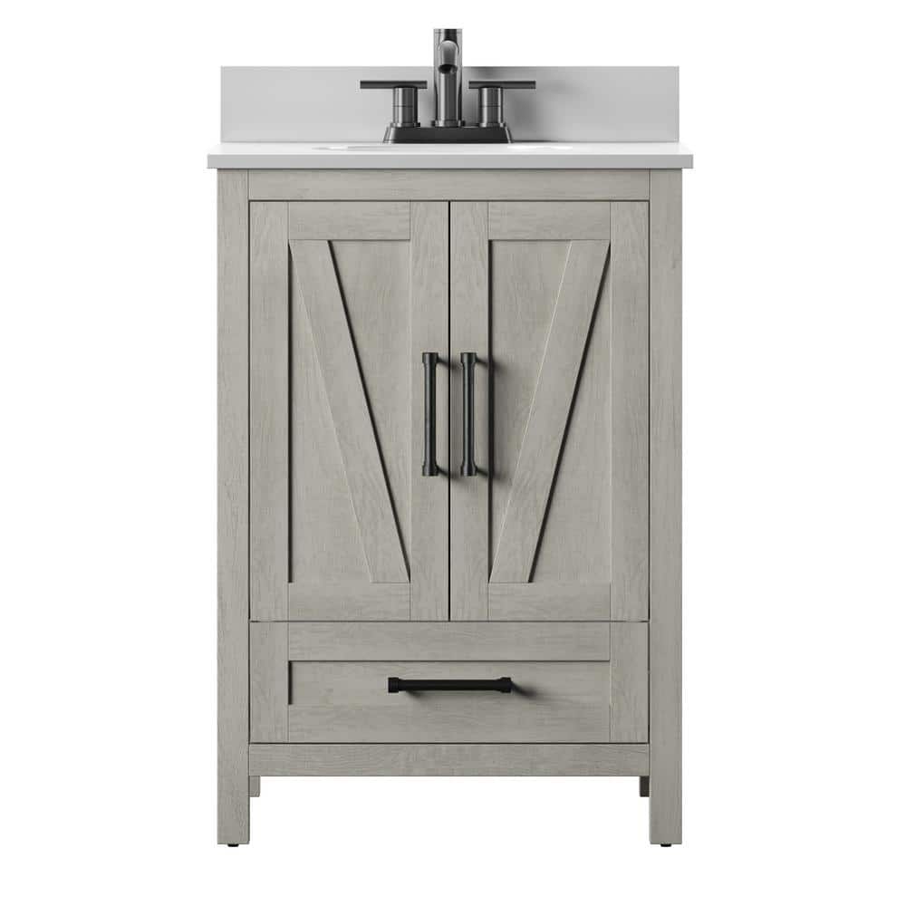 Rustic Oak Bathroom Vanity with White Stone Top and Basin