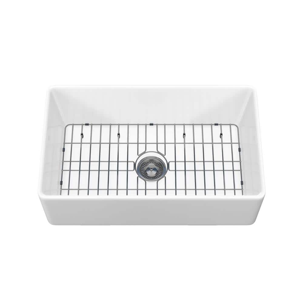 Sinber 30" White Fireclay Farmhouse Apron Kitchen Sink with Drainboard