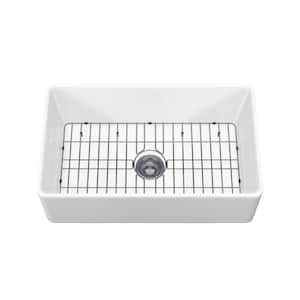 3018 30 in. Farmhouse Apron Single Bowl White Fireclay Kitchen Sink with Bottom Grid and Drain