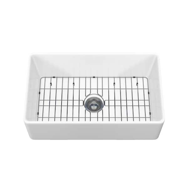 Sinber 3018 30 in. Farmhouse Apron Single Bowl White Fireclay Kitchen Sink with Bottom Grid and Drain
