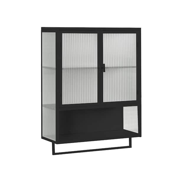 Hooseng 9.06 in. W x 30.71 in. H Rectangular Black Surface Mount Medicine Cabinet without Mirror with Towel Rack