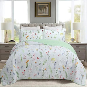 ME505 Mint Green Printed Floral King Size Polyester Quilt Bedspread Set