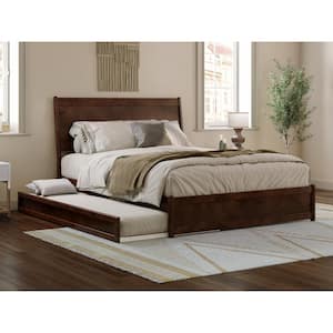 Casanova Walnut Brown Solid Wood Frame Queen Platform Bed with Panel Footboard and Twin XL Trundle