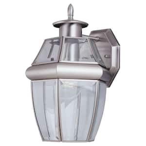 Lancaster 7.75 in. W. 1-Light Traditional Antique Brushed Nickel Outdoor 12 in. Wall-Mount Lantern Sconce