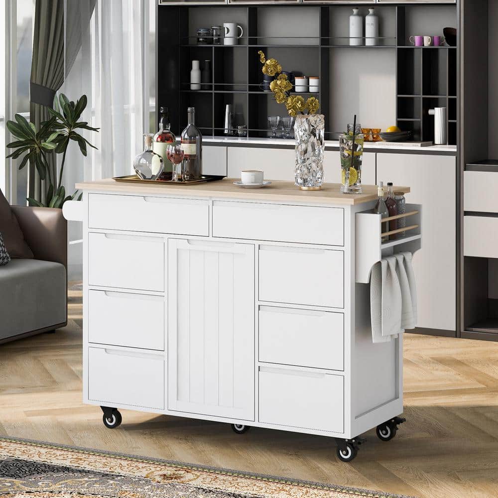 White Rubber Wood Countertop 53.15 in. Kitchen Island with 8-Drawers and Fl