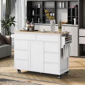 White Rubber Wood Countertop 53.15 in. Kitchen Island with 8-Drawers and Flatware Organizer on 5-Wheels