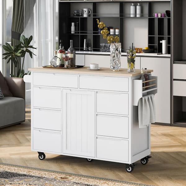 Unbranded White Rubber Wood Countertop 53.15 in. Kitchen Island with 8-Drawers and Flatware Organizer on 5-Wheels