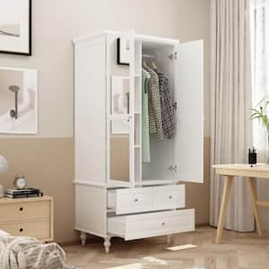 White Kids Armoires Wardrobe W/Mirror, Hanging Rods, Drawers, adjustable Shelves( 19.7 in. D x 31.5 in. W x 70.9 in. H)