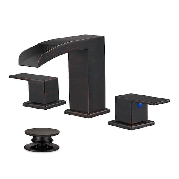 Waterfall 8 in. Widespread Double Handle Low Arc Bathroom Faucet with Drain kit Included in Oil Rubbed Bronze(1-Pack)